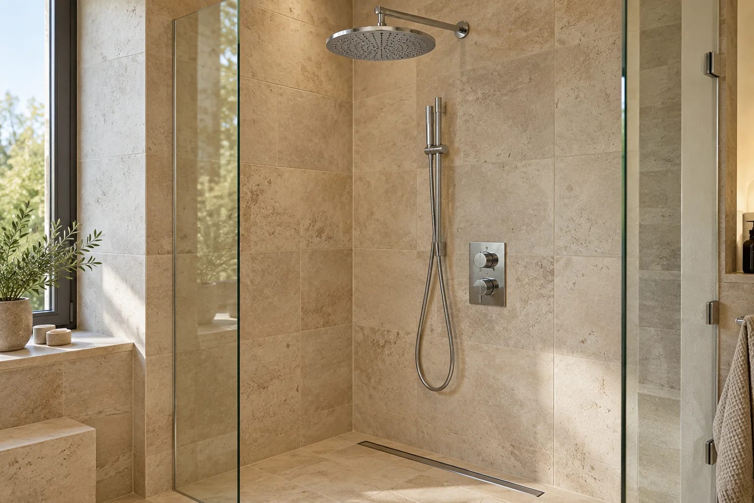 Nahaufnahme einer Glasdusche mit Regenbrause, Chromarmaturen und warmen Fliesen in Natursteinoptik.